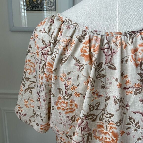 Vintage 70s Peasant Style Short Sleeve Top Keyhole Tie Floral Birds Brown Orange - Picture 7 of 7